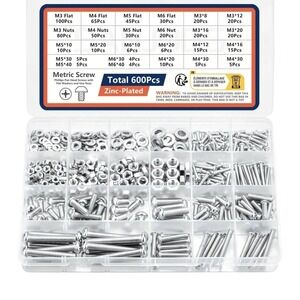 600Pcs Screws Bolts Nuts Assortment Kit Metric Screws and Flat Washers Head Sets